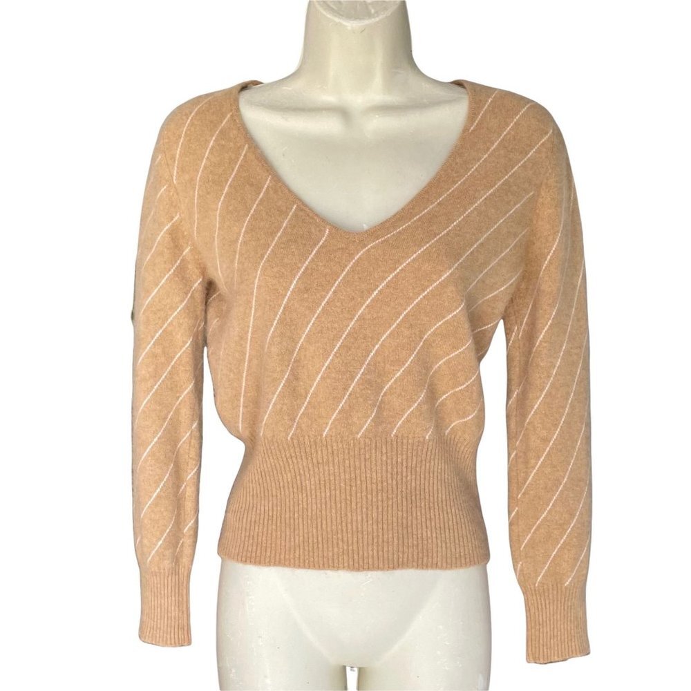 Balmoral Pure Cashmere Scotland Beige White Pinstripe Sweater V-Neck